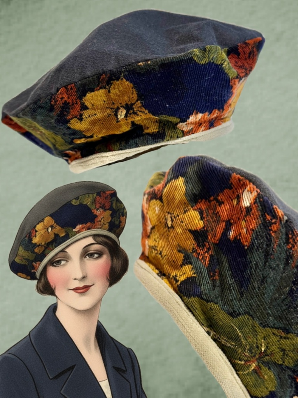 VINTAGE French beret hat moody dark floral corduroy navy blue newsboy cap boho